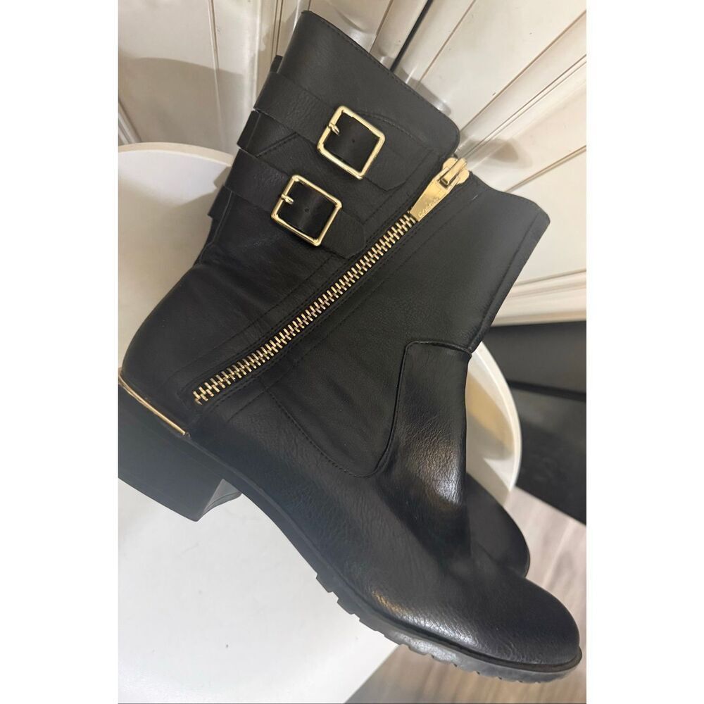 Calvin Klein Women's Rasa Tumbled Leather Zip Buckle Moto Boots Black Size 8